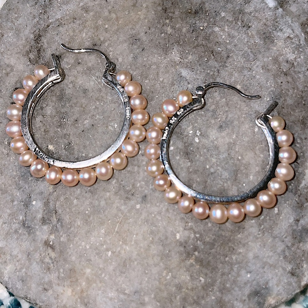 Pale Pink Pearl and 925 Silver Hoop Earrings